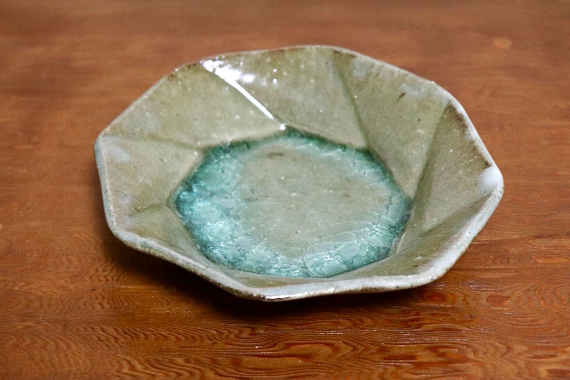 GMIO504A◯丹山窯 丹波焼 八角皿 緑 陶器 丹波篠山 伝統工芸 未使用