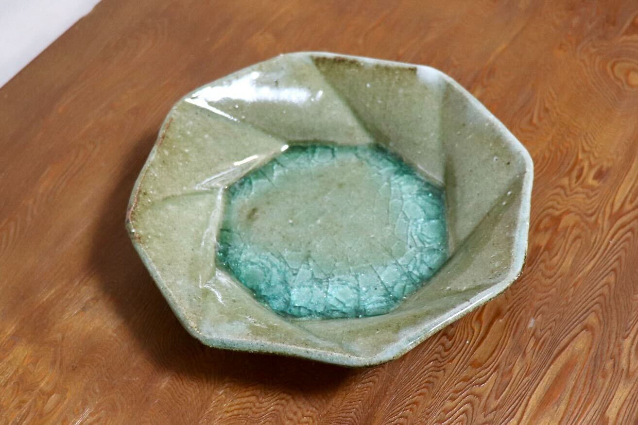 GMIO504A◯丹山窯 丹波焼 八角皿 緑 陶器 丹波篠山 伝統工芸 未使用