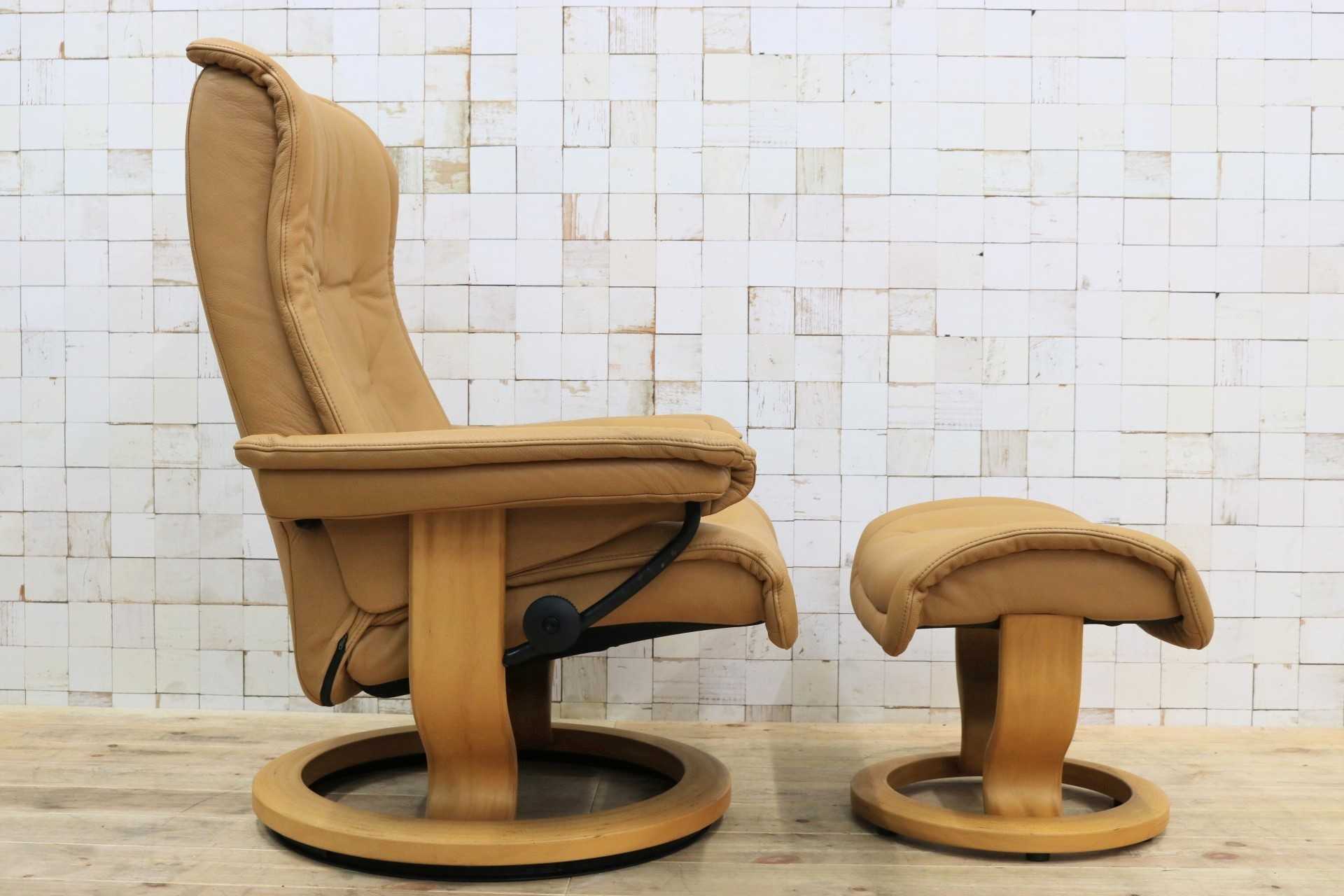 GMHH498○EKORNES / エコーネス ロイヤル リクライニングチェア パーソナルチェア オットマン ライトキャメル 本革 北欧 ノルウェー 最高級