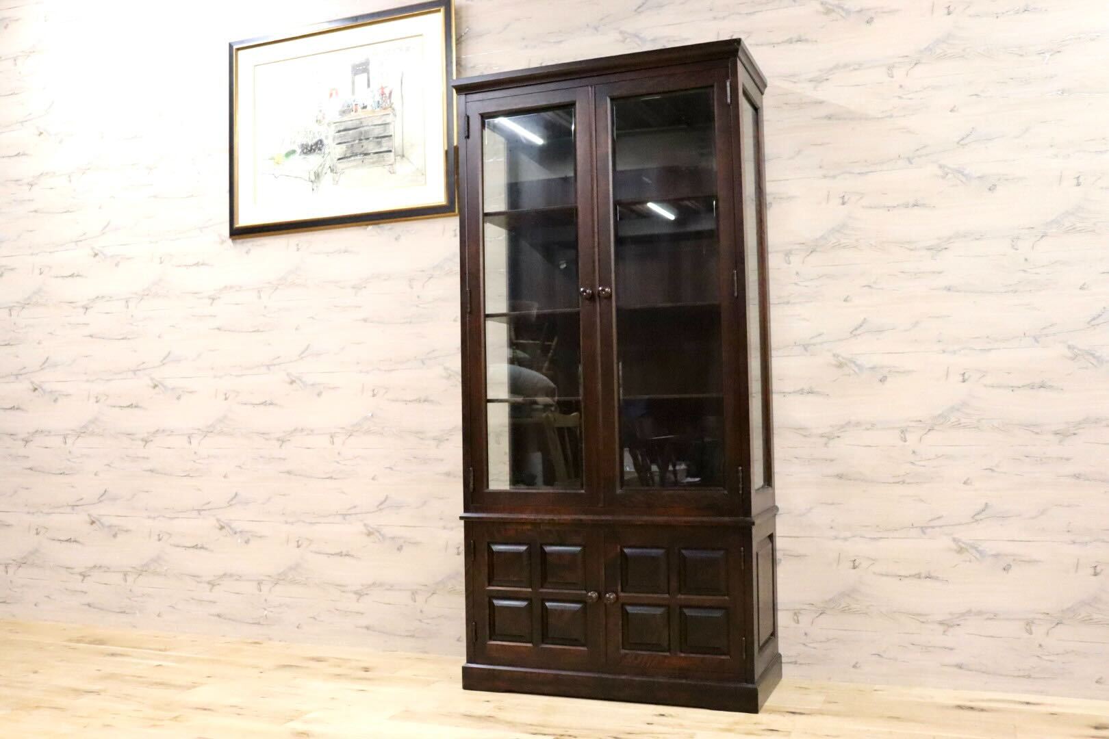 GMHN62○北海道民芸家具 OM158 飾り棚 キャビネット キュリオケース 収納棚 樺材 無垢 和家具 和室 古民家 和モダン 定価約30万