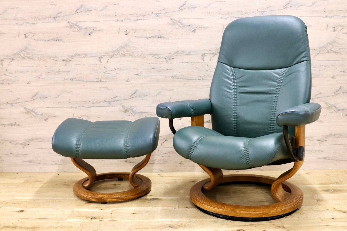 GMJK485○EKORNES / エコーネス Stressless ストレスレス コンサル リクライニングチェア オットマンセット 総本革 グリーン ノルウェー製