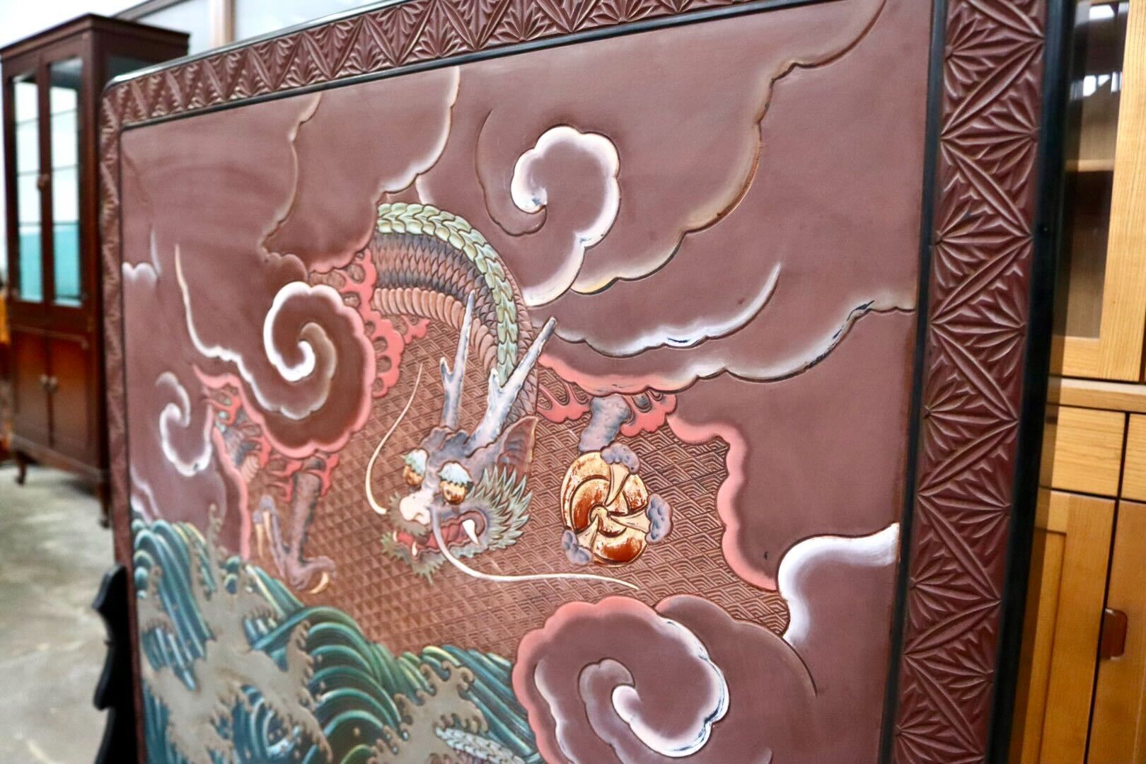 GMIH512○衝立 パーテーション オブジェ 飾り板 仕切り板 間仕切り 和家具 龍 孔雀 和モダン 和室 座敷 古民家 レトロ