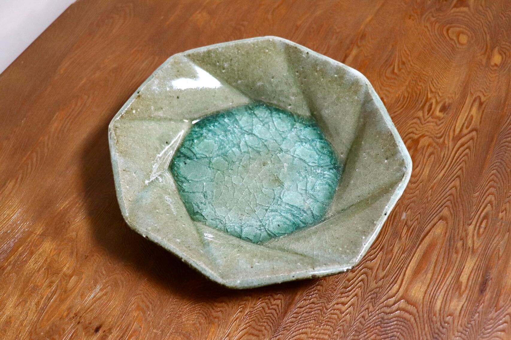 GMIO504D◯丹山窯 丹波焼 八角皿 緑 陶器 丹波篠山 伝統工芸 未使用