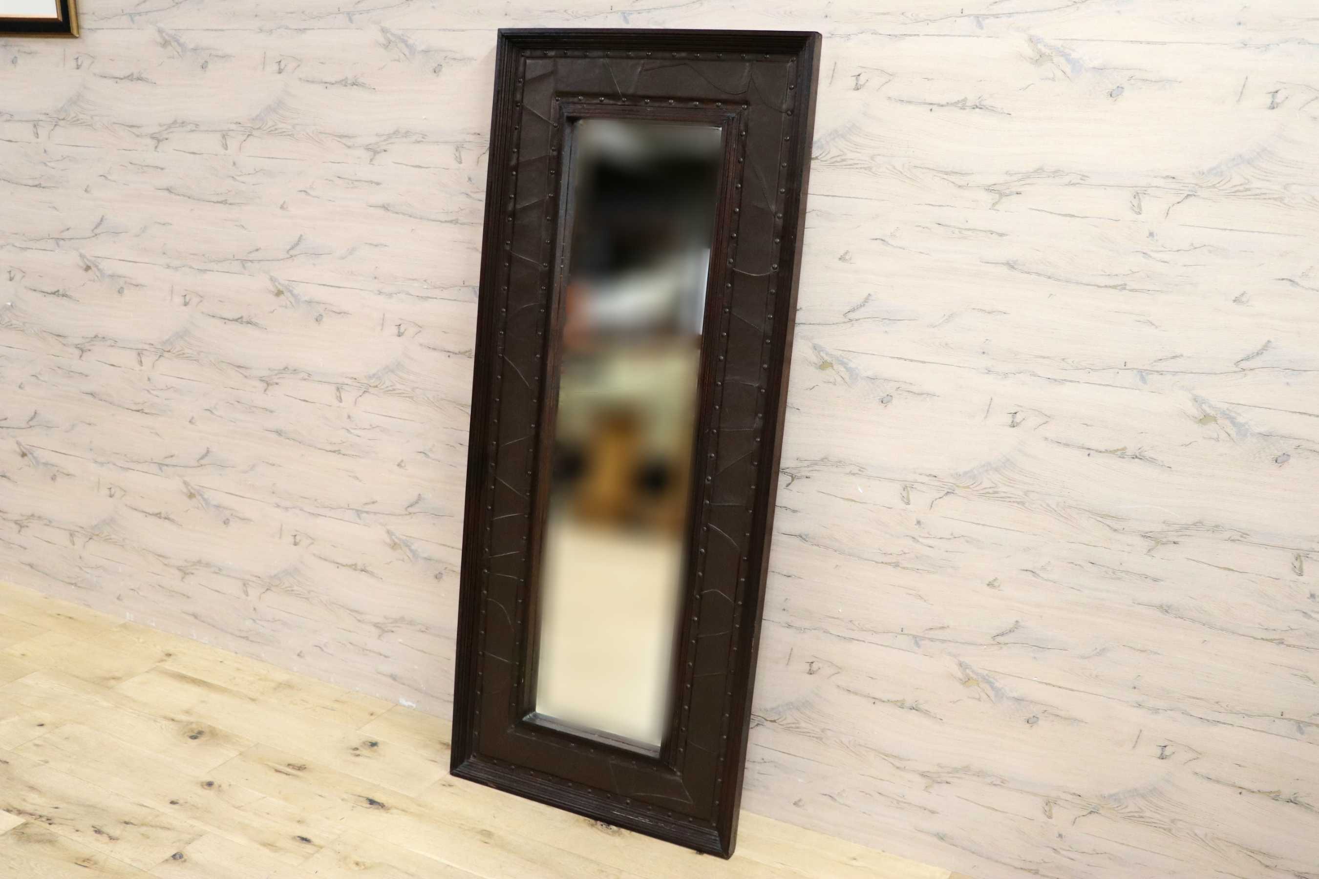 GMIK561○アンティーク 木製フレーム ヴィンテージ クラシック レトロ 全身鏡 ロングミラー 姿見 立て掛け ウッドフレーム ミラー 鏡 革