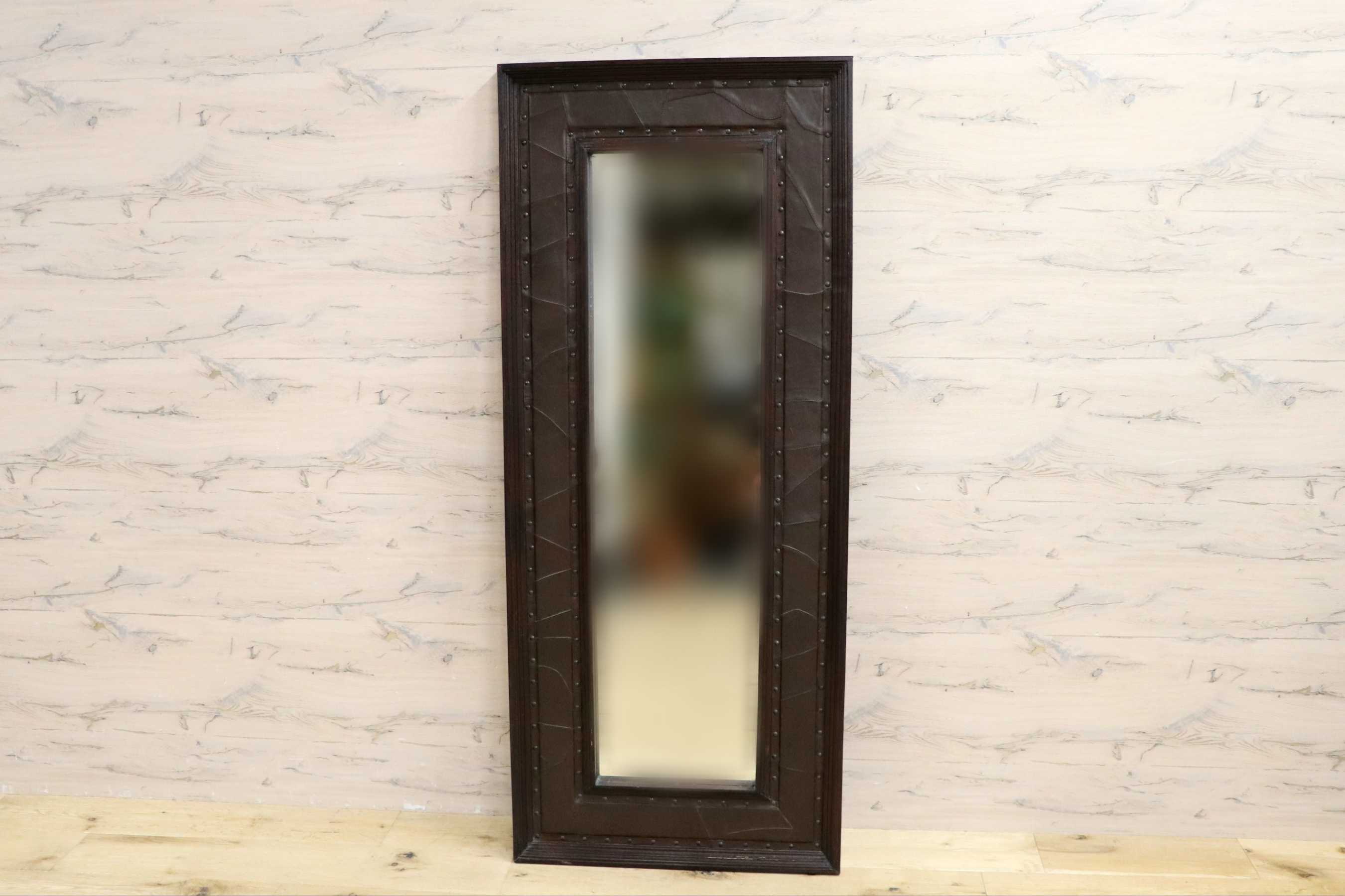 GMIK561○アンティーク 木製フレーム ヴィンテージ クラシック レトロ 全身鏡 ロングミラー 姿見 立て掛け ウッドフレーム ミラー 鏡 革