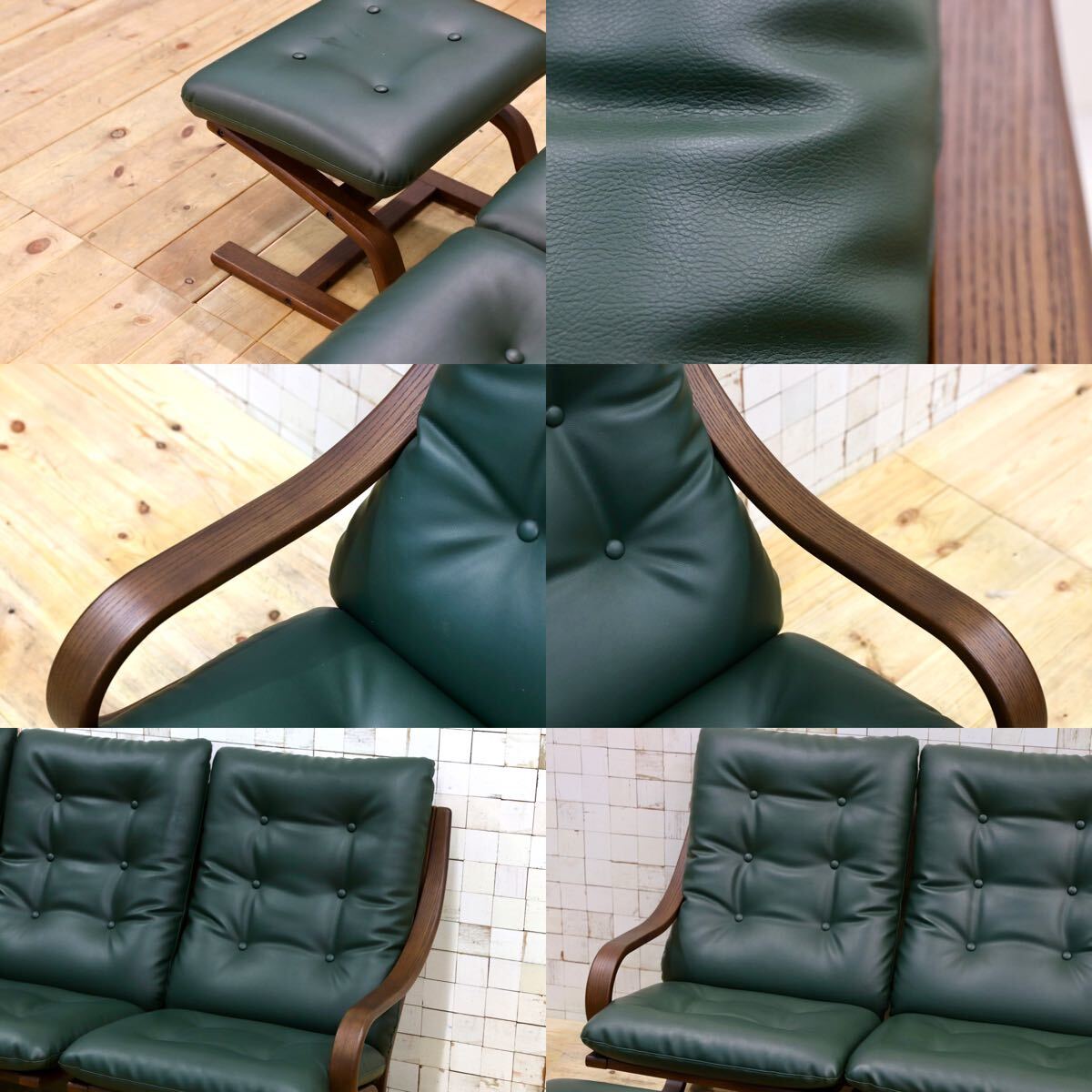 GMHK680○冨士ファニチア / FUJI FURITURE Agio アージオ 3人掛けソファ+オットマン オーク 本革 レザーグリーン 定価約51.4万