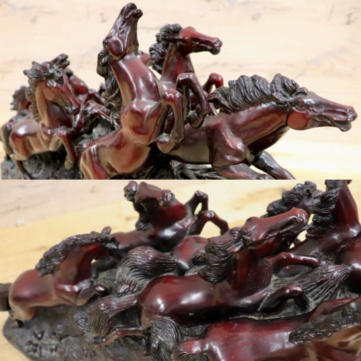 GMIH98A○九頭馬 馬の置物 縁起物 中国美術 木彫り風 樹脂製 アンティーク オブジェ