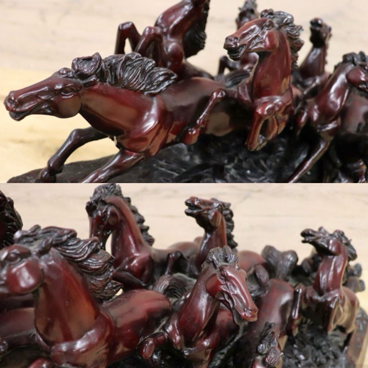 GMIH98A○九頭馬 馬の置物 縁起物 中国美術 木彫り風 樹脂製 アンティーク オブジェ