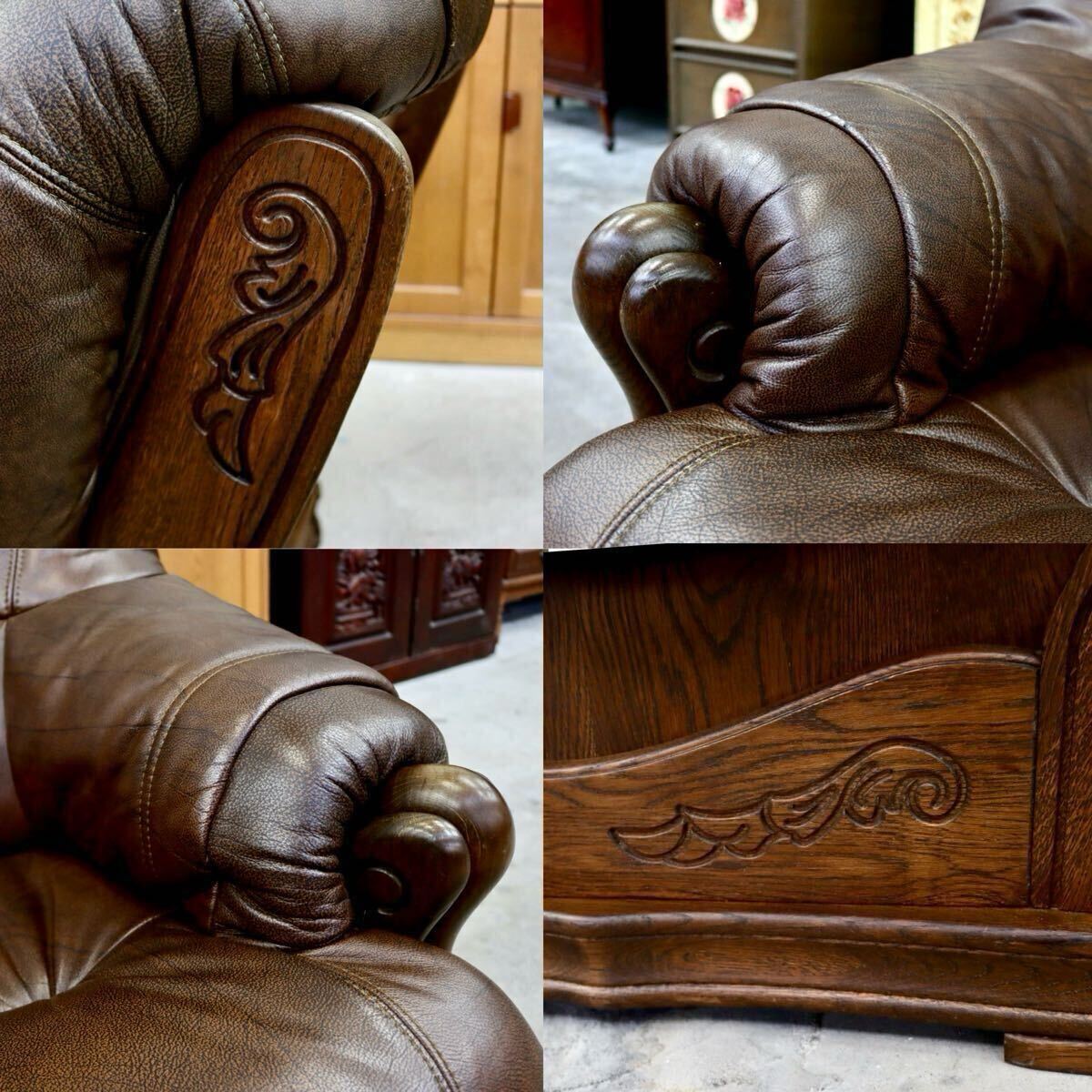 GMIK647○オランダ製 ダッチカントリー 1人掛けソファ シングルソファ オーク材 本革 応接 リビング ブラウン ヴィンテージ 約35万