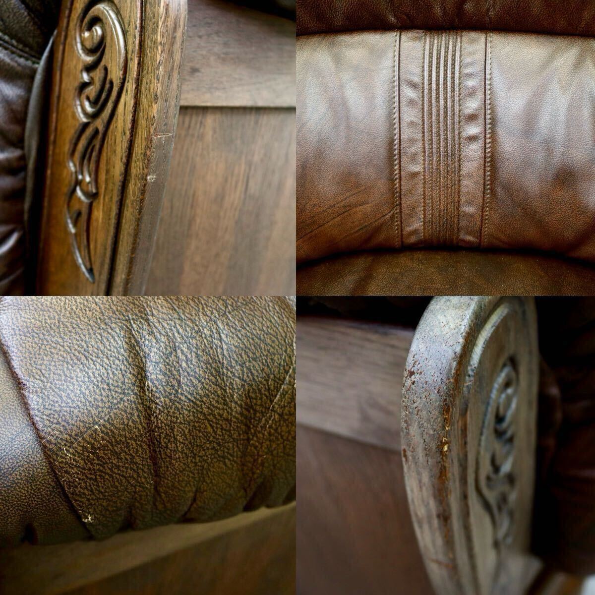 GMIK647○オランダ製 ダッチカントリー 1人掛けソファ シングルソファ オーク材 本革 応接 リビング ブラウン ヴィンテージ 約35万