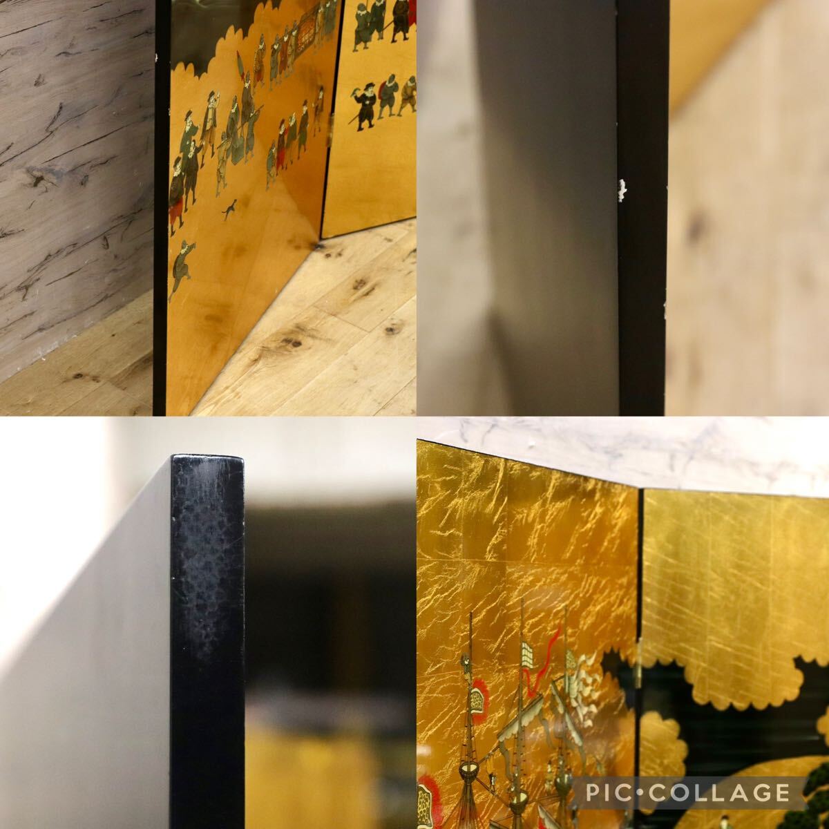 GMIS454○南蛮屏風 金屏風 衝立 パーテーション オブジェ アンティーク 2曲