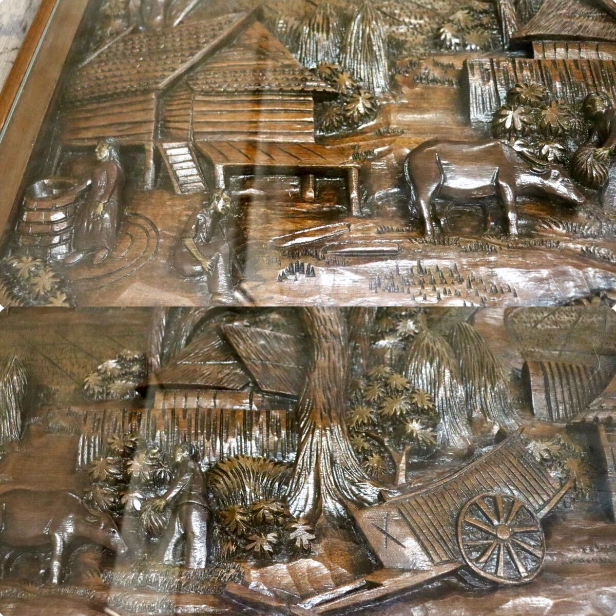 GMIH433○木彫テーブル 彫刻座卓 アジアン民芸 ガラス天板 センターテーブル ローテーブル 机 店舗什器 アンティーク