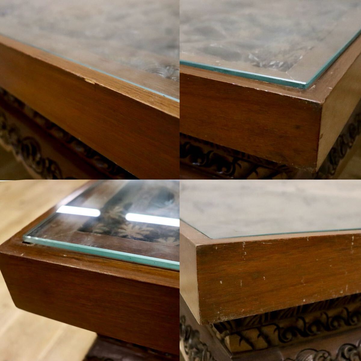 GMIH433○木彫テーブル 彫刻座卓 アジアン民芸 ガラス天板 センターテーブル ローテーブル 机 店舗什器 アンティーク