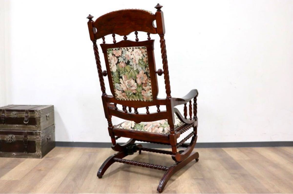 GMHT3○英国 イギリス アンティーク ロッキングチェア 揺り椅子 ラウンジチェア 花柄 ボタニカル カントリー コロニアル エレガント レア