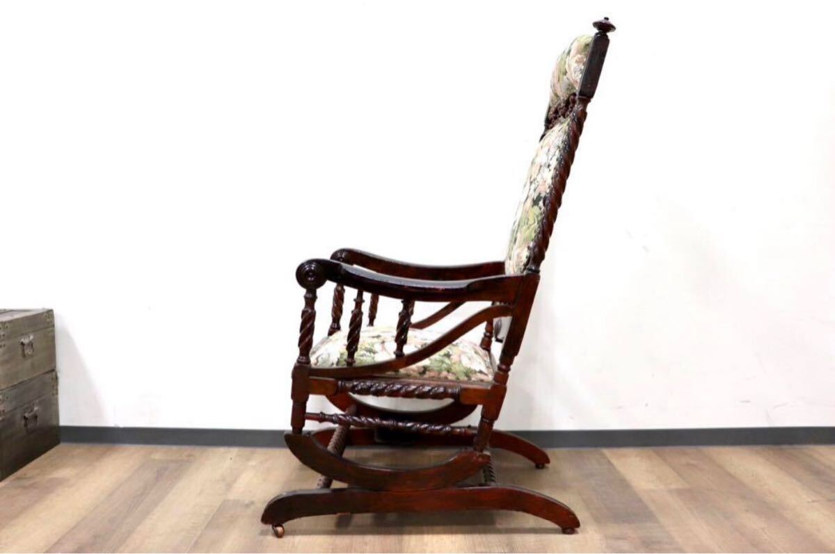 GMHT3○英国 イギリス アンティーク ロッキングチェア 揺り椅子 ラウンジチェア 花柄 ボタニカル カントリー コロニアル エレガント レア