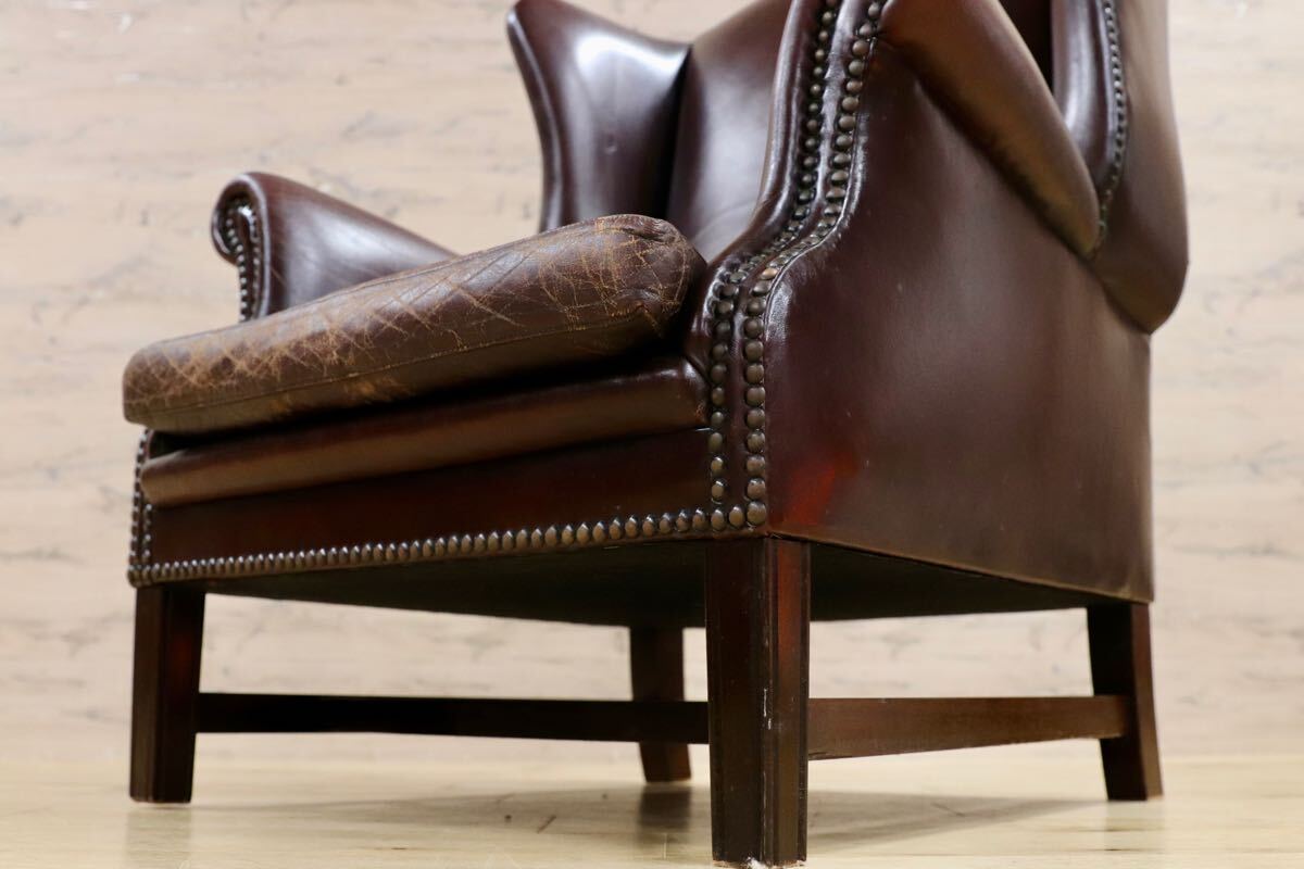 GMHK525○西洋 英国 ヴィンテージ ヴィクトリアン ウイングバックチェア ラウンジチェア 本革 アンティーク 椅子 クラシック サロンチェア