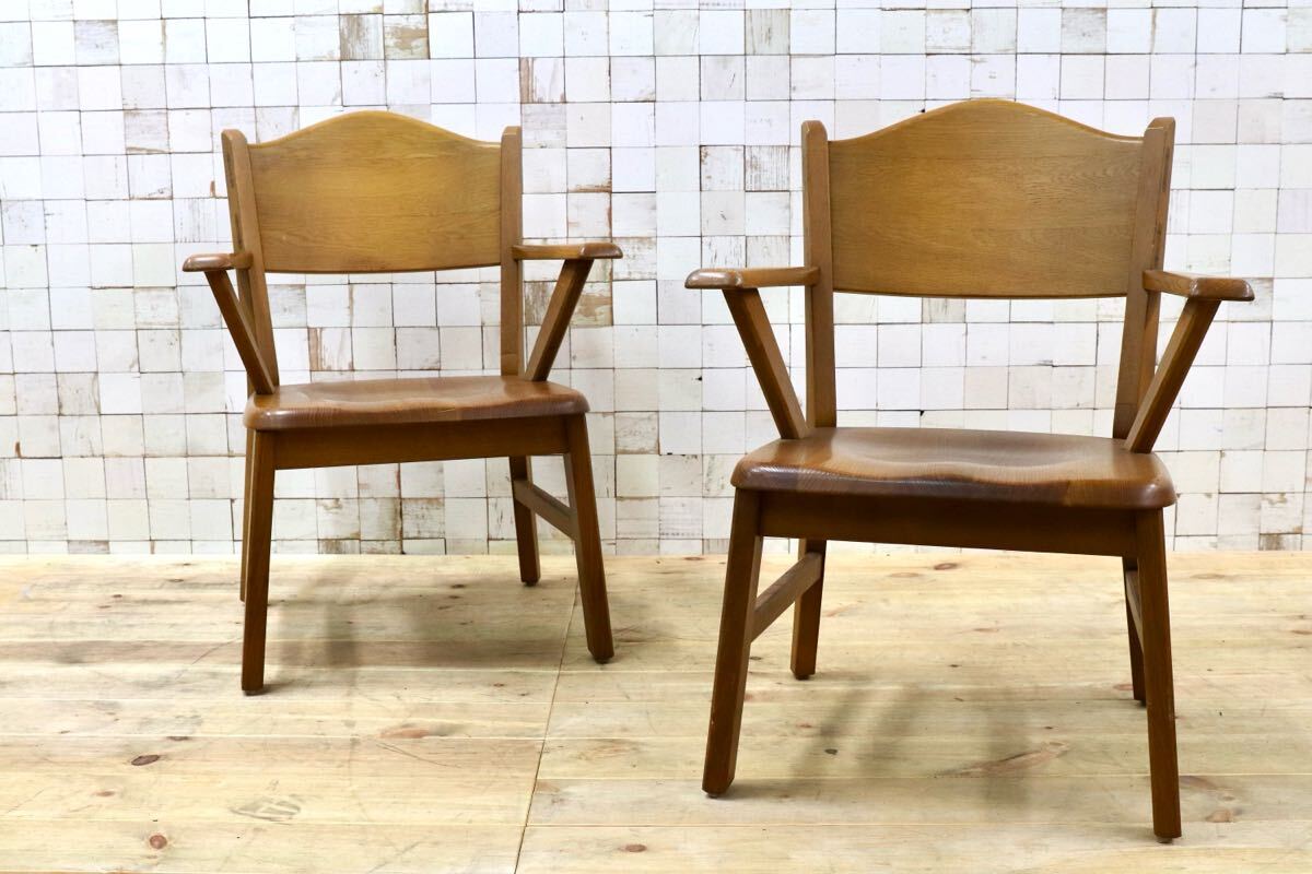 GMHH460○飛騨産業 / HIDA キツツキ アームチェア ダイニングチェア 椅子 2脚セット 楢無垢材 レトロ カントリー ヴィンテージ
