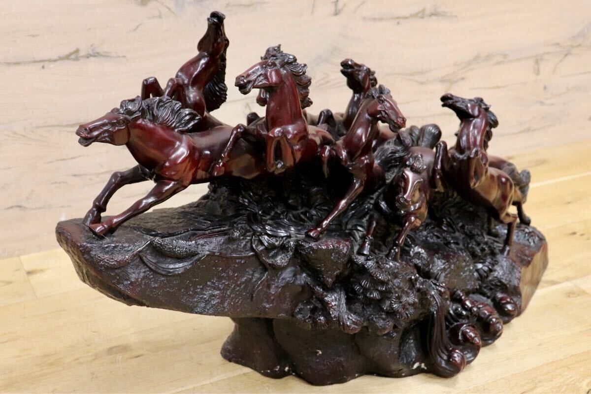 GMIH98A○九頭馬 馬の置物 縁起物 中国美術 木彫り風 樹脂製 アンティーク オブジェ