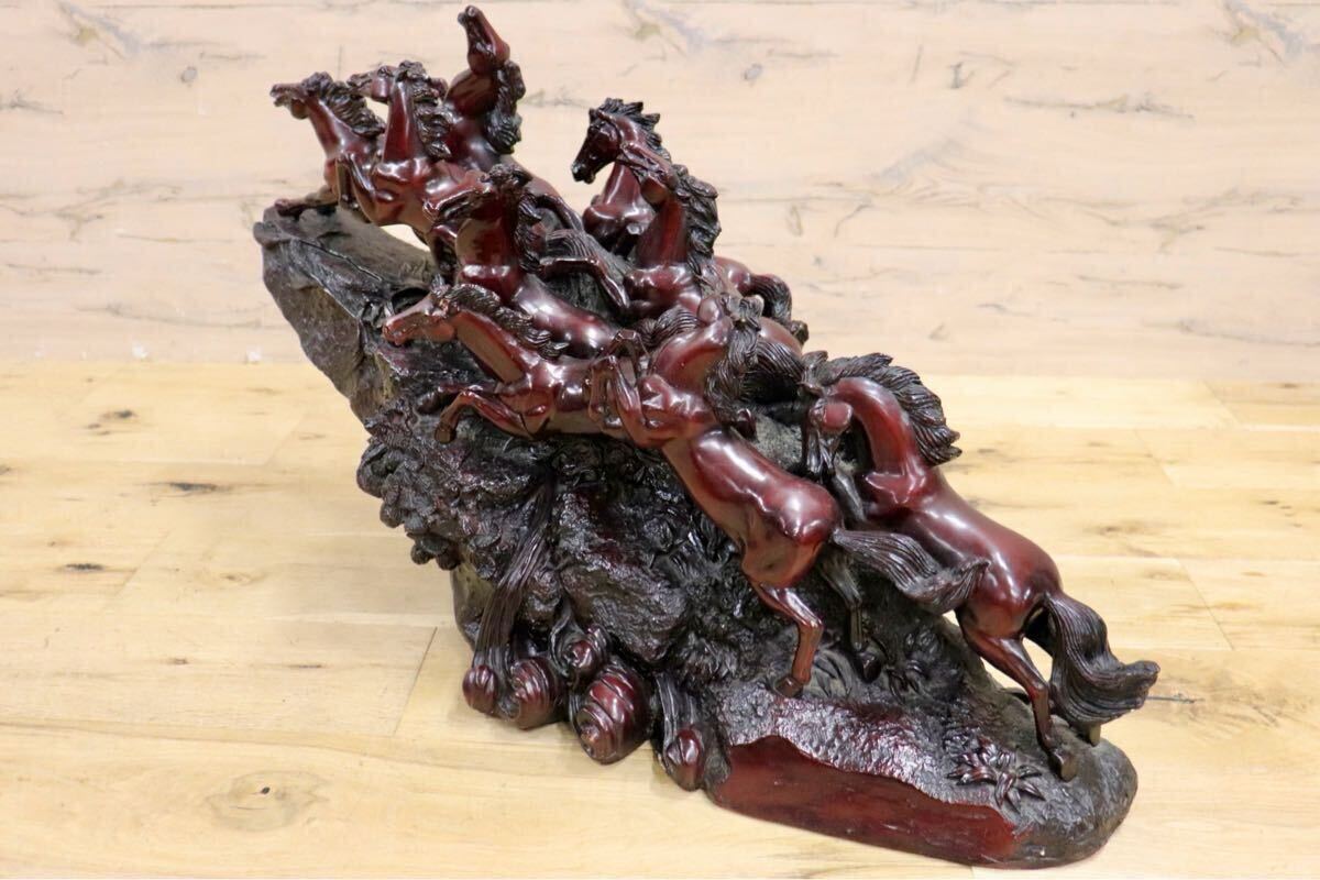 GMIH98A○九頭馬 馬の置物 縁起物 中国美術 木彫り風 樹脂製 アンティーク オブジェ