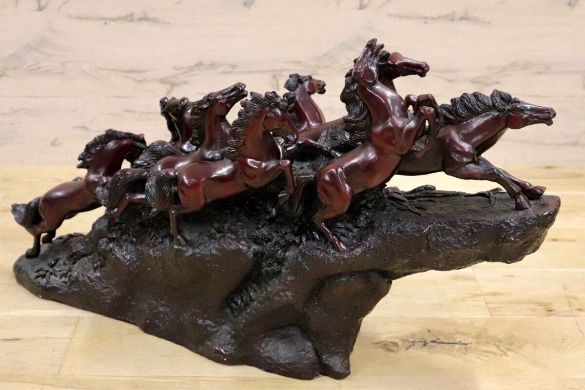 GMIH98A○九頭馬 馬の置物 縁起物 中国美術 木彫り風 樹脂製 アンティーク オブジェ