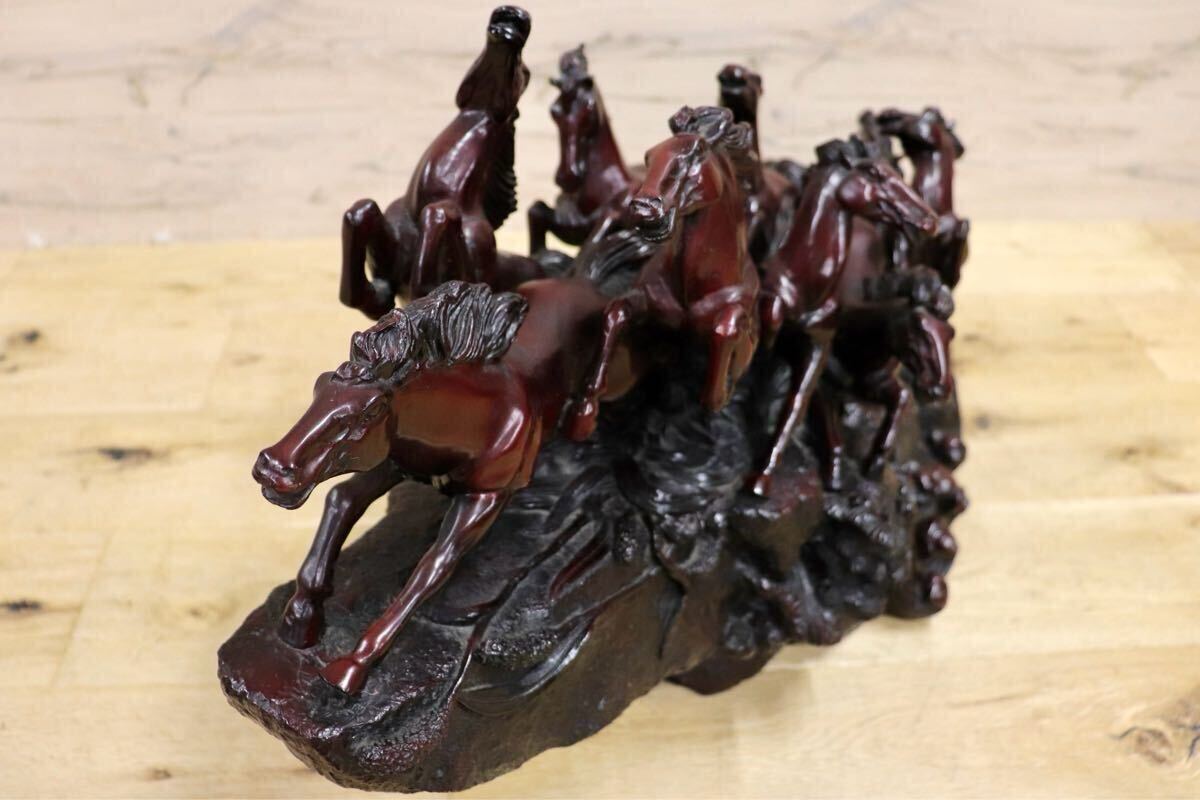 GMIH98A○九頭馬 馬の置物 縁起物 中国美術 木彫り風 樹脂製 アンティーク オブジェ