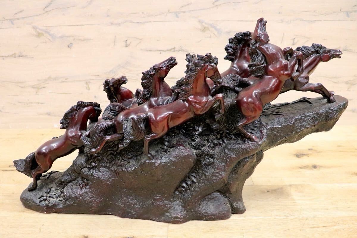 GMIH98A○九頭馬 馬の置物 縁起物 中国美術 木彫り風 樹脂製 アンティーク オブジェ