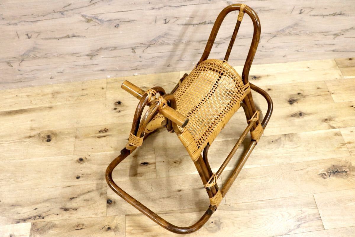 GMIK239○ラタン 籐 ロッキングホース 馬の遊具 木馬 乗り物 玩具 四ツ目編み 昭和レトロ アンティーク ヴィンテージ