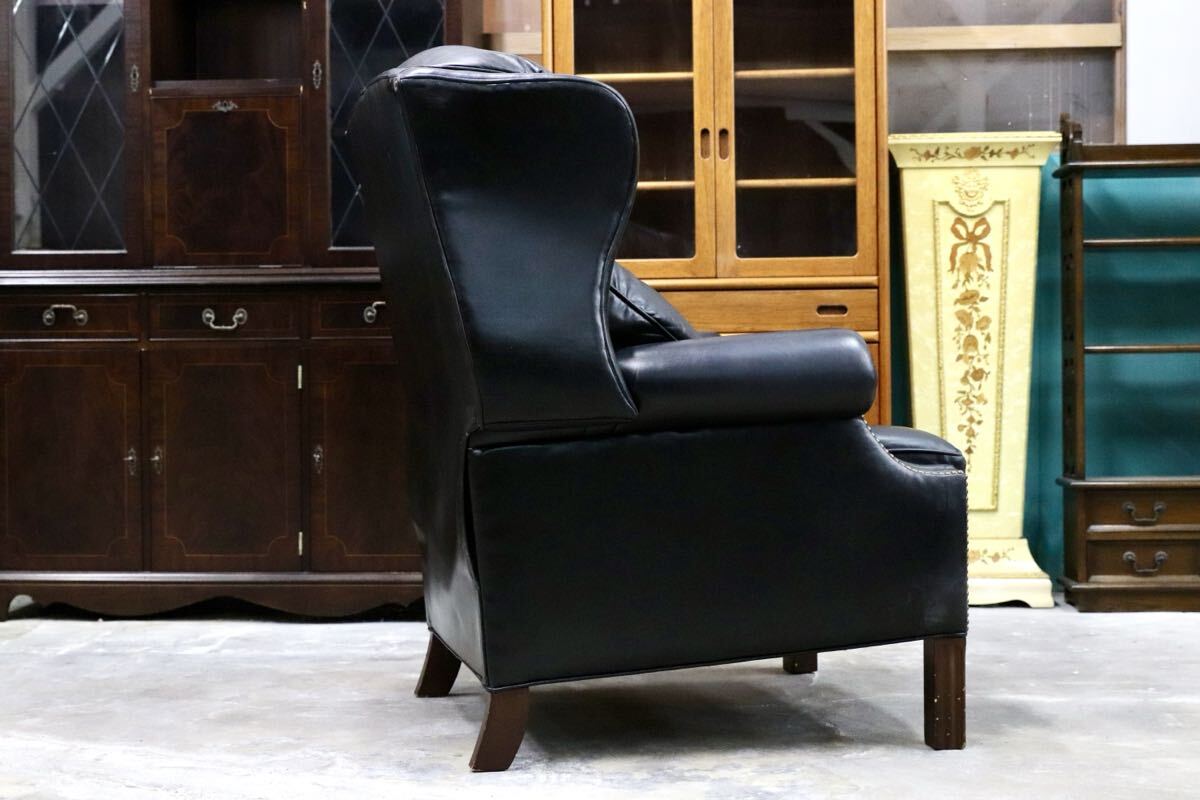 GMIK391○Jarrett Brothers / ジャレットブラザーズ DREXEL HERITAGE ドレクセル取扱い ウイングバックチェア 本革 黒 稀少 約45万