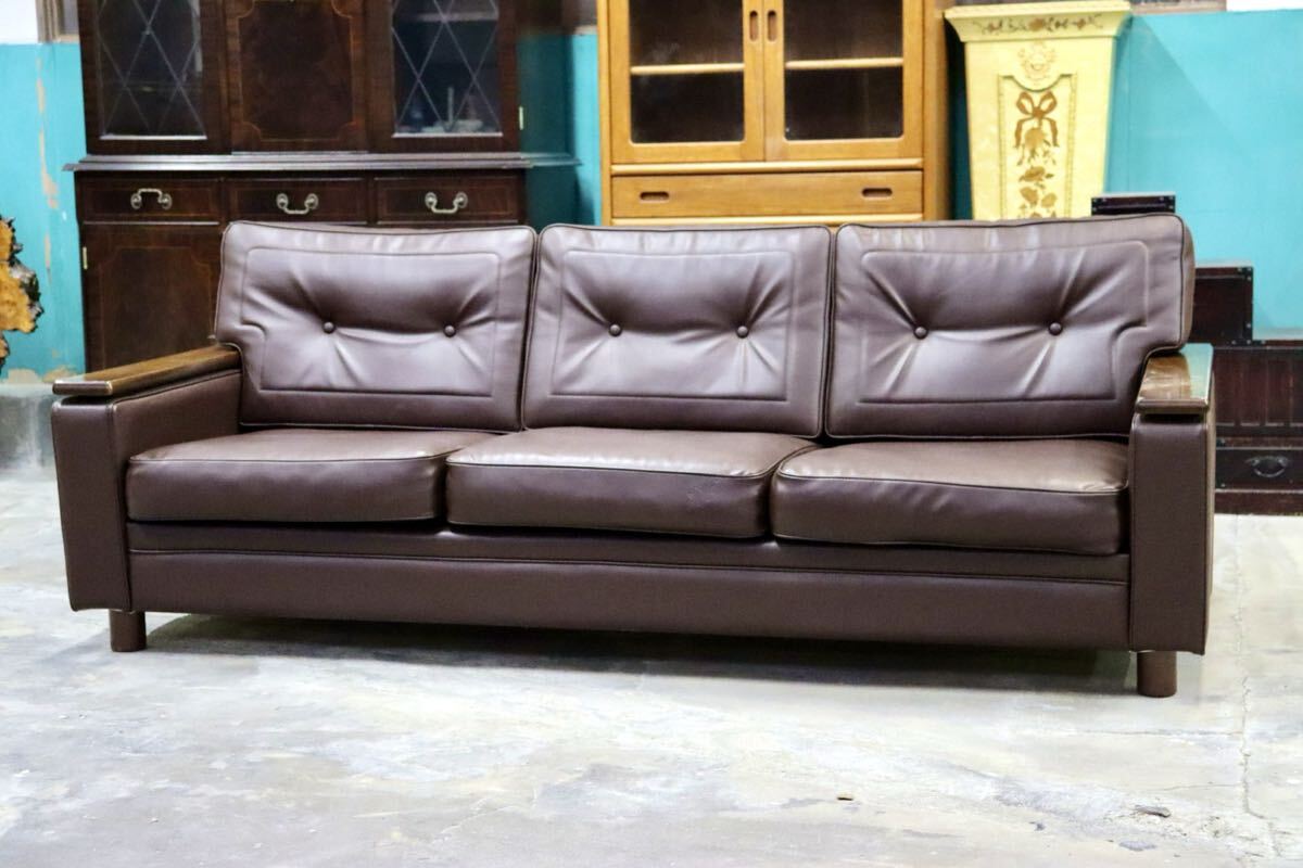 GMIH254○karimoku / カリモク US4553 3人掛けソファ トリプルソファ 長椅子 合皮 ブラウン 応接 国産家具