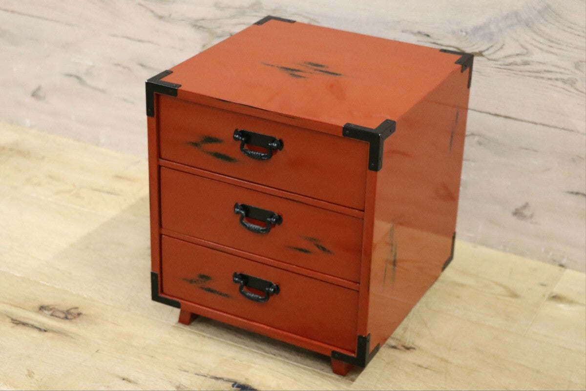 GMIH311C○島安汎工芸製作所 紀州根来塗 漆器塗 3段 小引き出し 小物入れ 小箪笥 チェスト 収納箱 薬箱 和家具 和風 昭和レトロ 美品