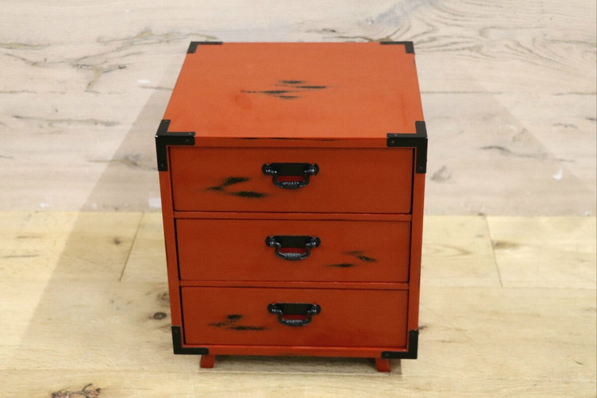 GMIH311C○島安汎工芸製作所 紀州根来塗 漆器塗 3段 小引き出し 小物入れ 小箪笥 チェスト 収納箱 薬箱 和家具 和風 昭和レトロ 美品