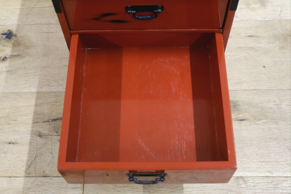 GMIH311C○島安汎工芸製作所 紀州根来塗 漆器塗 3段 小引き出し 小物入れ 小箪笥 チェスト 収納箱 薬箱 和家具 和風 昭和レトロ 美品