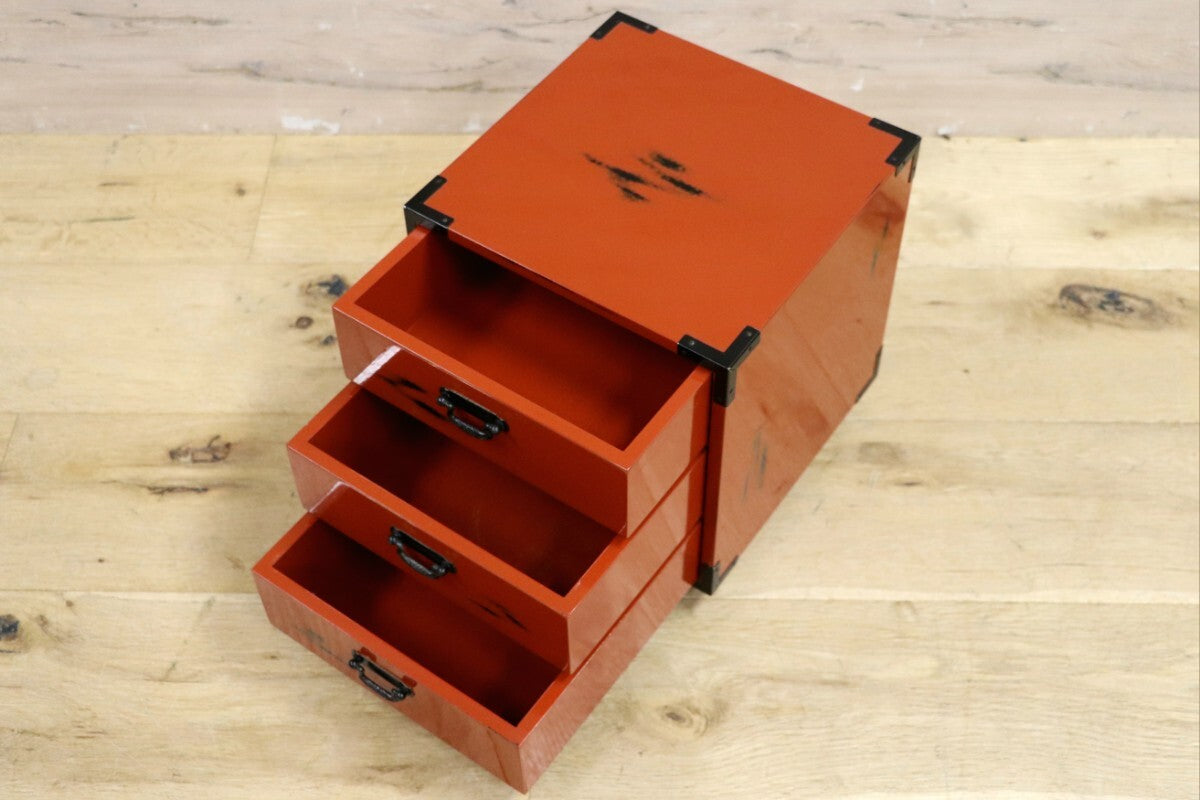 GMIH311C○島安汎工芸製作所 紀州根来塗 漆器塗 3段 小引き出し 小物入れ 小箪笥 チェスト 収納箱 薬箱 和家具 和風 昭和レトロ 美品