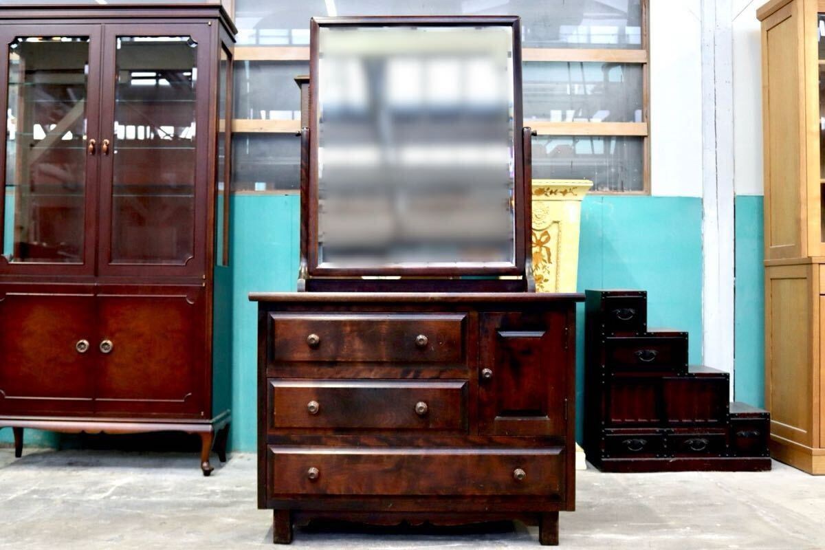 GMIH279○北海民芸家具 鏡台 化粧台 ドレッサー チェスト 整理箪笥 樺材 民藝 アンティーク 和家具 和モダン レトロ 古民家 国産家具