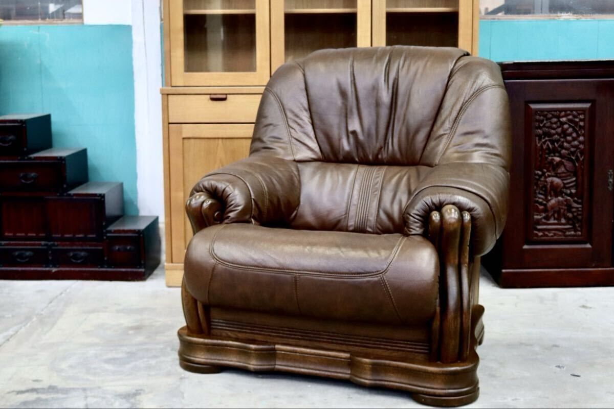 GMIK647○オランダ製 ダッチカントリー 1人掛けソファ シングルソファ オーク材 本革 応接 リビング ブラウン ヴィンテージ 約35万