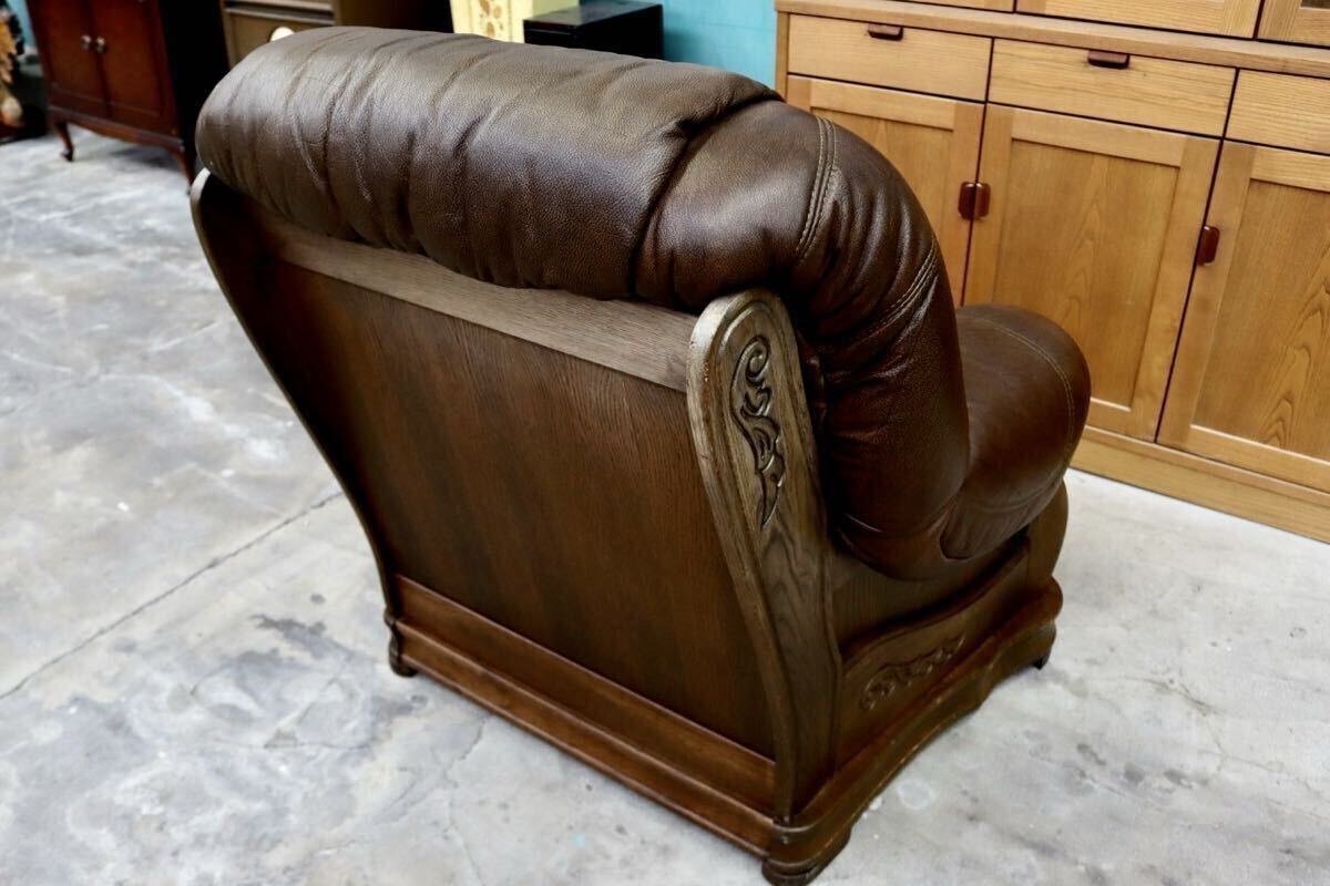 GMIK647○オランダ製 ダッチカントリー 1人掛けソファ シングルソファ オーク材 本革 応接 リビング ブラウン ヴィンテージ 約35万