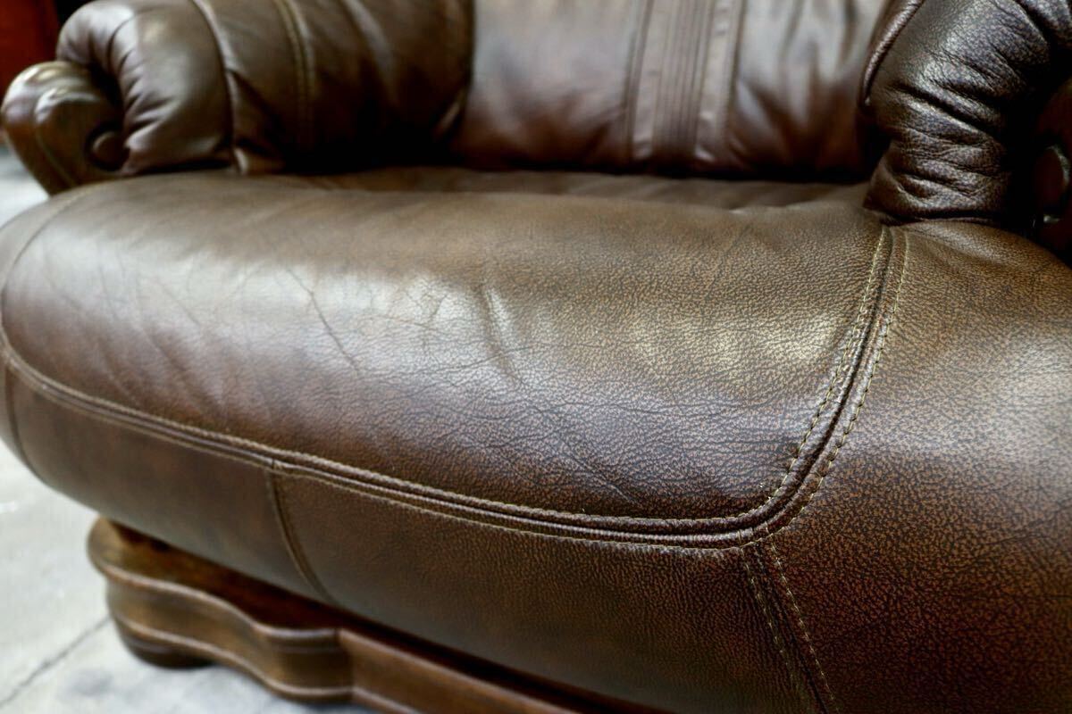 GMIK647○オランダ製 ダッチカントリー 1人掛けソファ シングルソファ オーク材 本革 応接 リビング ブラウン ヴィンテージ 約35万