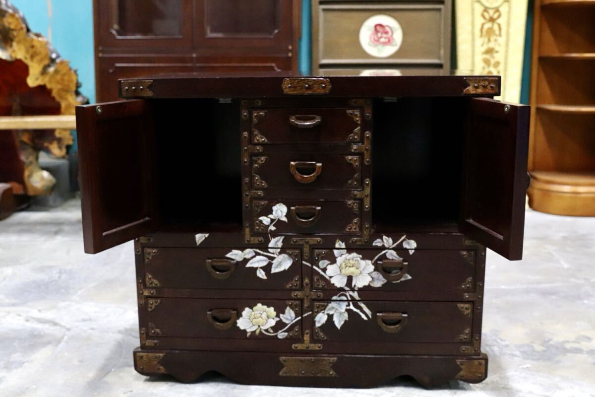 GMIS390A○唐木 花梨 鉄刀木 螺鈿細工 中国美術 最高級 車箪笥 ミニ箪笥 チェスト サイドボード アンティーク 小物入れ