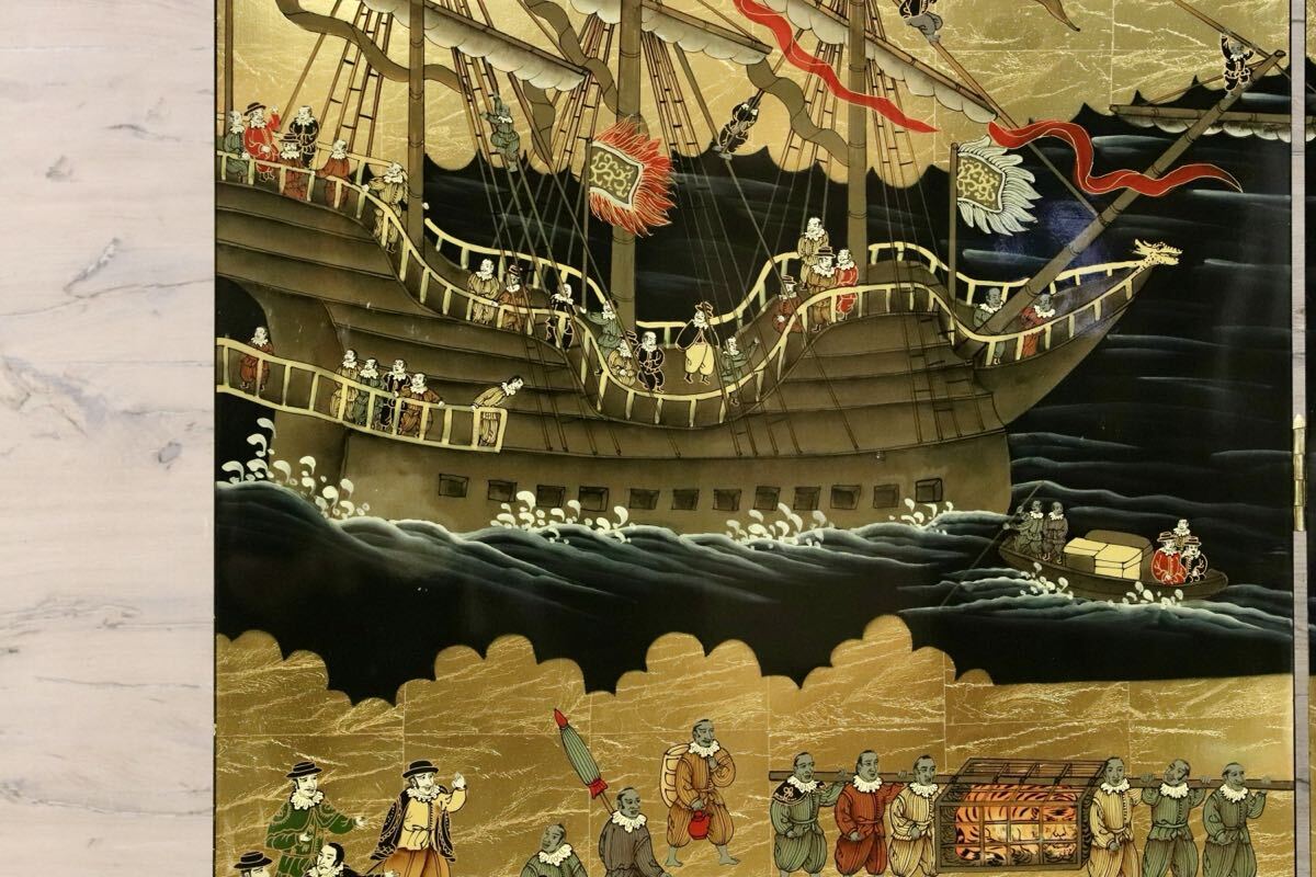 GMIS454○南蛮屏風 金屏風 衝立 パーテーション オブジェ アンティーク 2曲