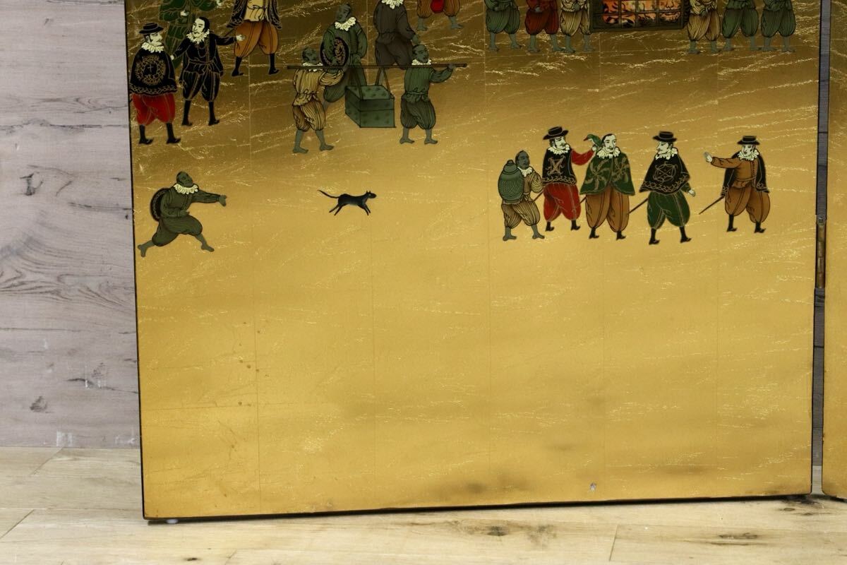 GMIS454○南蛮屏風 金屏風 衝立 パーテーション オブジェ アンティーク 2曲