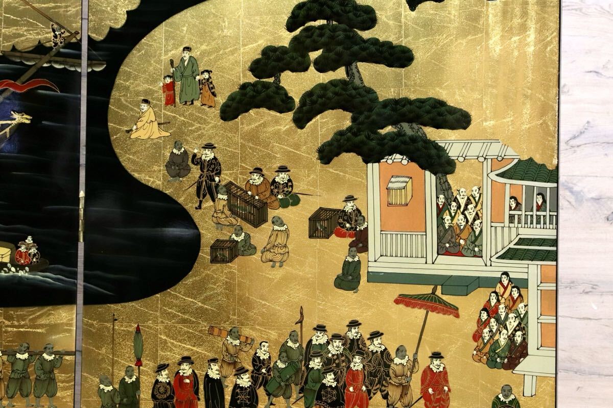 GMIS454○南蛮屏風 金屏風 衝立 パーテーション オブジェ アンティーク 2曲