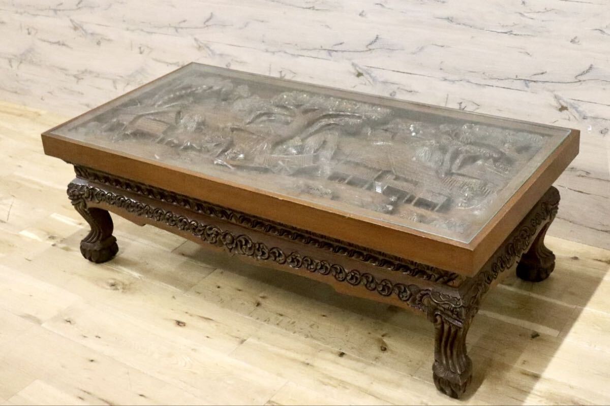 GMIH433○木彫テーブル 彫刻座卓 アジアン民芸 ガラス天板 センターテーブル ローテーブル 机 店舗什器 アンティーク