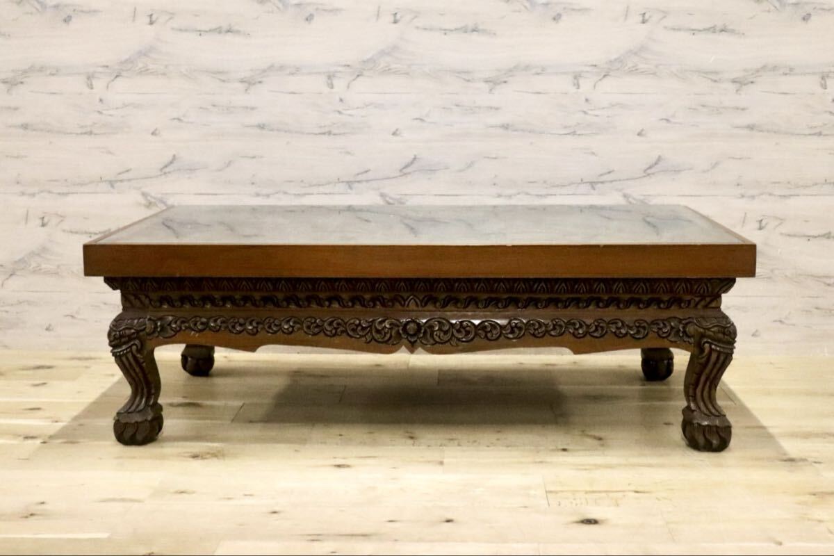 GMIH433○木彫テーブル 彫刻座卓 アジアン民芸 ガラス天板 センターテーブル ローテーブル 机 店舗什器 アンティーク