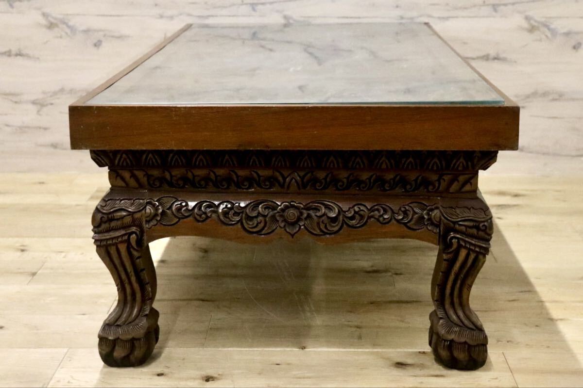 GMIH433○木彫テーブル 彫刻座卓 アジアン民芸 ガラス天板 センターテーブル ローテーブル 机 店舗什器 アンティーク