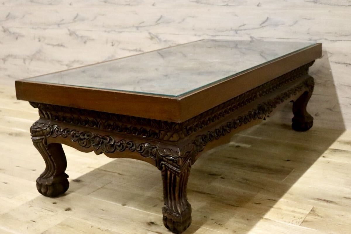 GMIH433○木彫テーブル 彫刻座卓 アジアン民芸 ガラス天板 センターテーブル ローテーブル 机 店舗什器 アンティーク