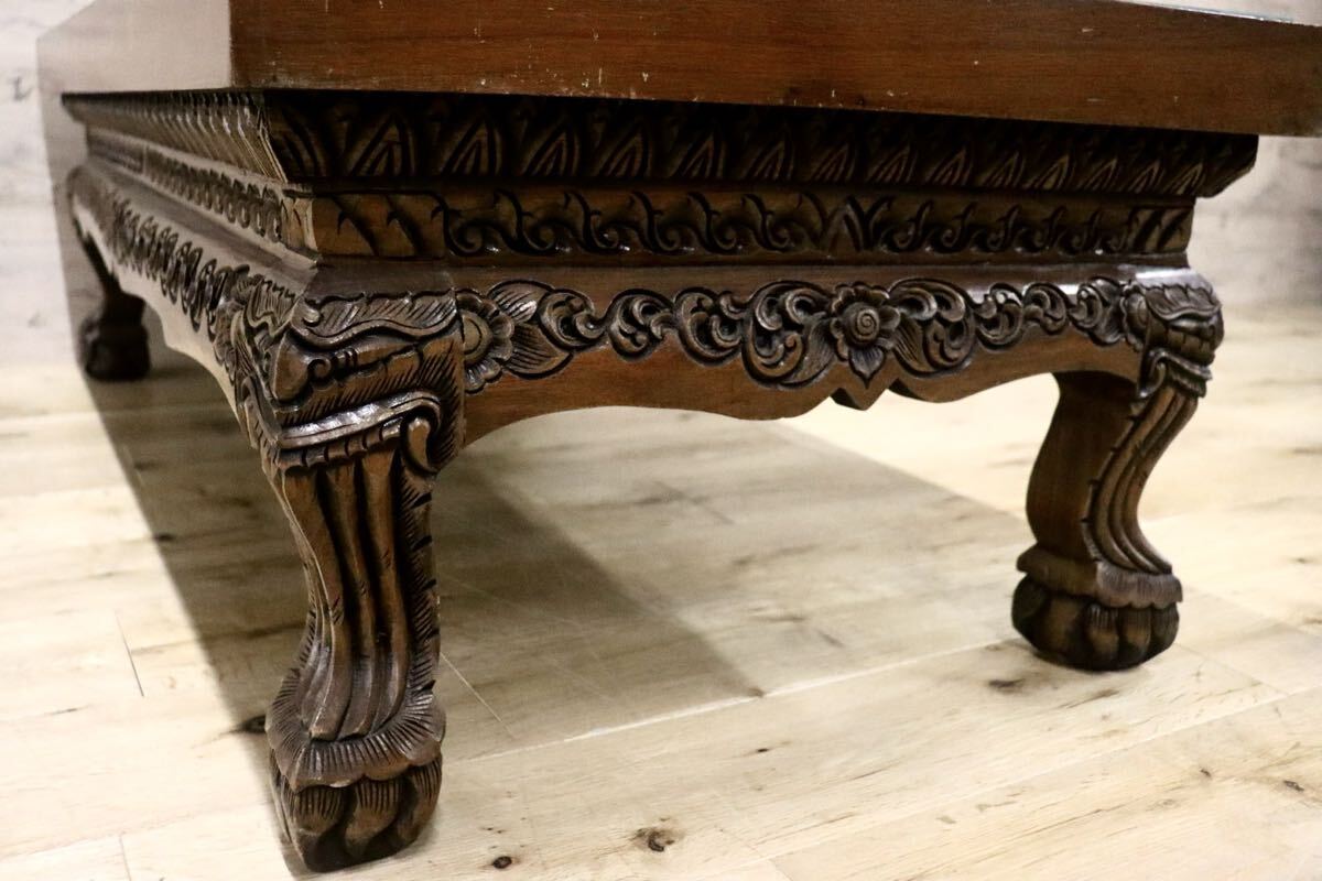 GMIH433○木彫テーブル 彫刻座卓 アジアン民芸 ガラス天板 センターテーブル ローテーブル 机 店舗什器 アンティーク