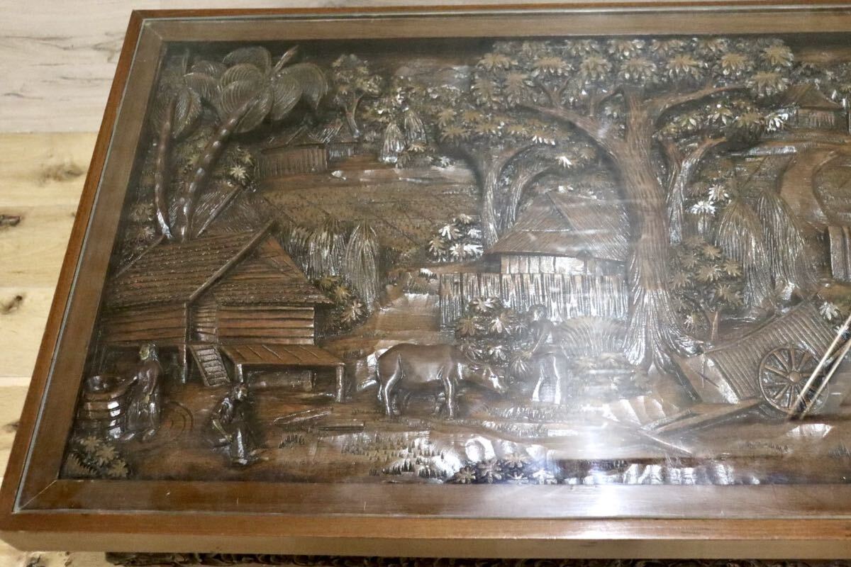 GMIH433○木彫テーブル 彫刻座卓 アジアン民芸 ガラス天板 センターテーブル ローテーブル 机 店舗什器 アンティーク