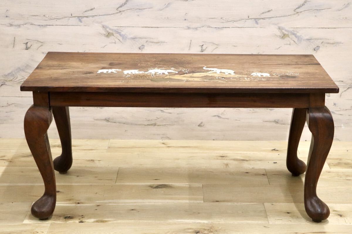 GMIH427A○象嵌細工 アジアンアンティーク ローテーブル 座卓 猫脚 木製 センターテーブル ヴィンテージ リビングテーブル