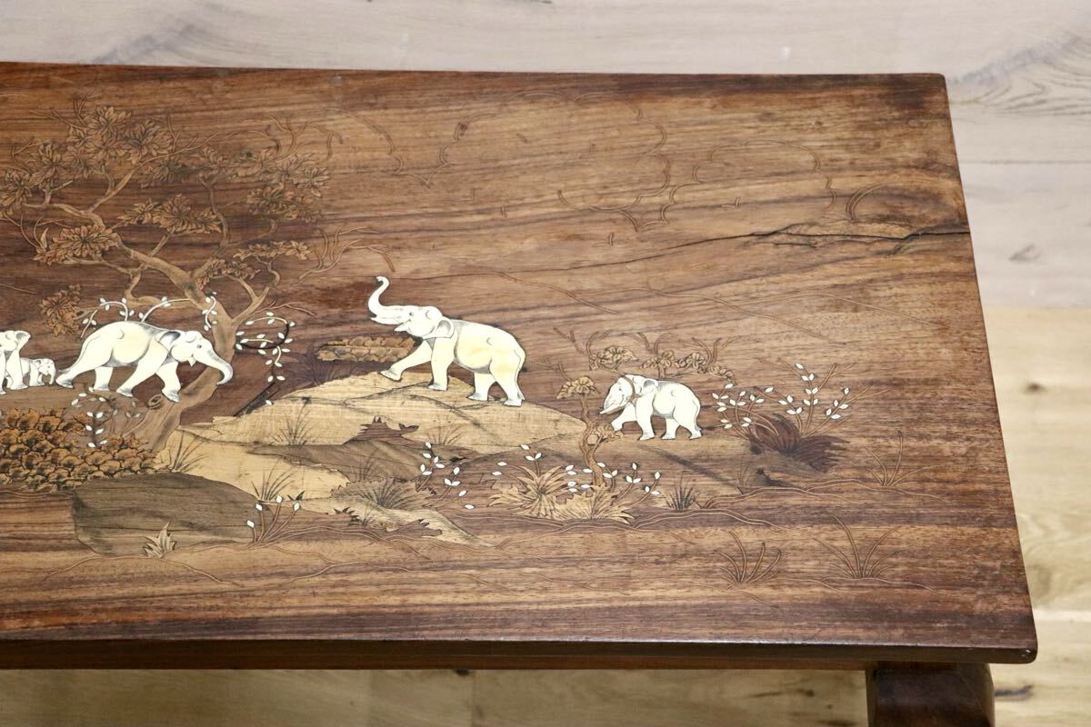 GMIH427A○象嵌細工 アジアンアンティーク ローテーブル 座卓 猫脚 木製 センターテーブル ヴィンテージ リビングテーブル