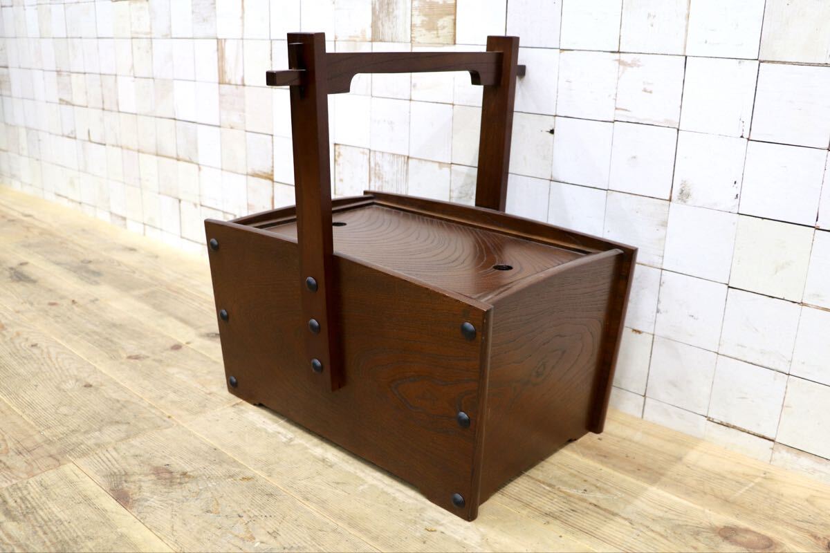 GMGK557A〇欅材 収納箱 木製収納箱 手提げ付き 和家具 木製 小物入れ 古民具 古道具 レトロ
